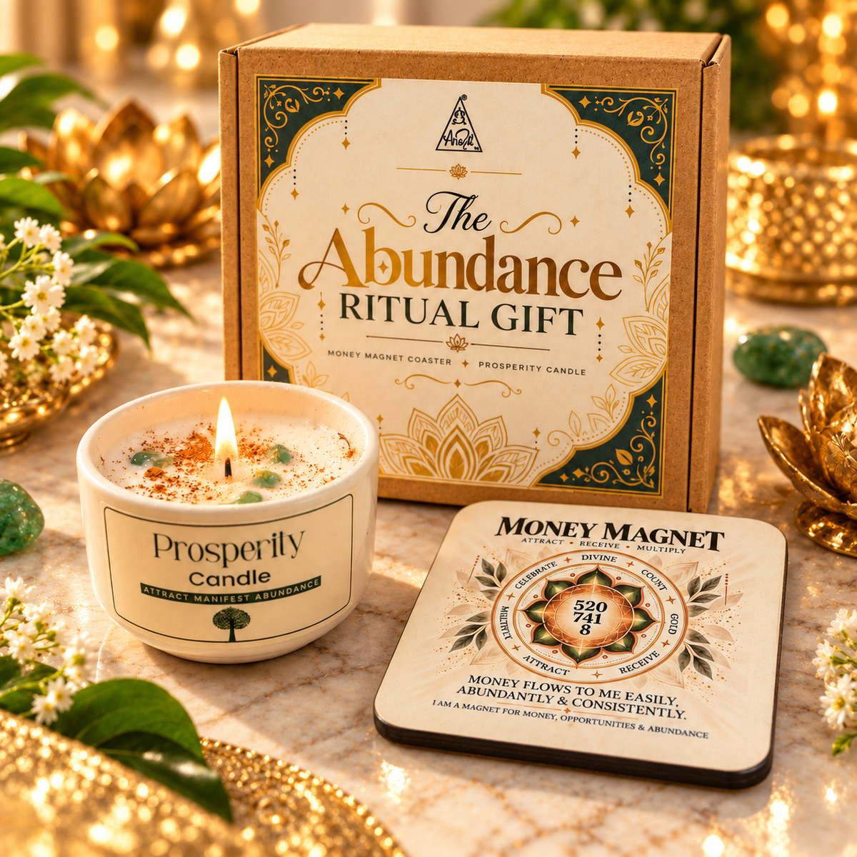 Abundance Ritual Gift Set – Money Magnet Coaster & Prosperity Candle