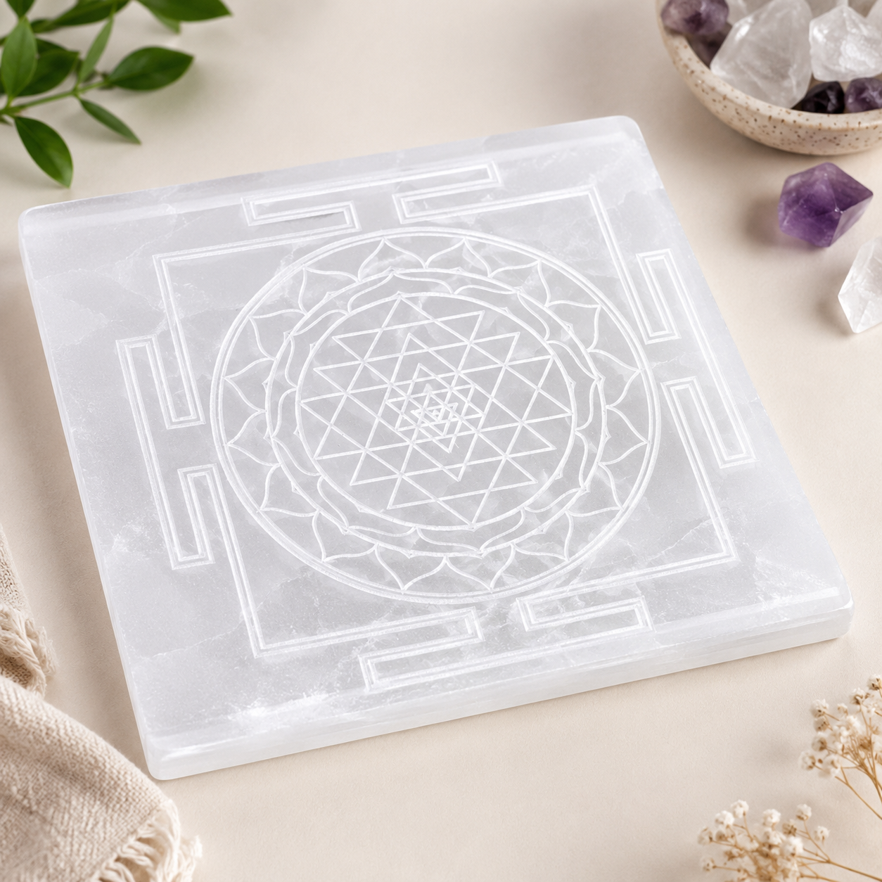 Selenite Shree Yantra Plate