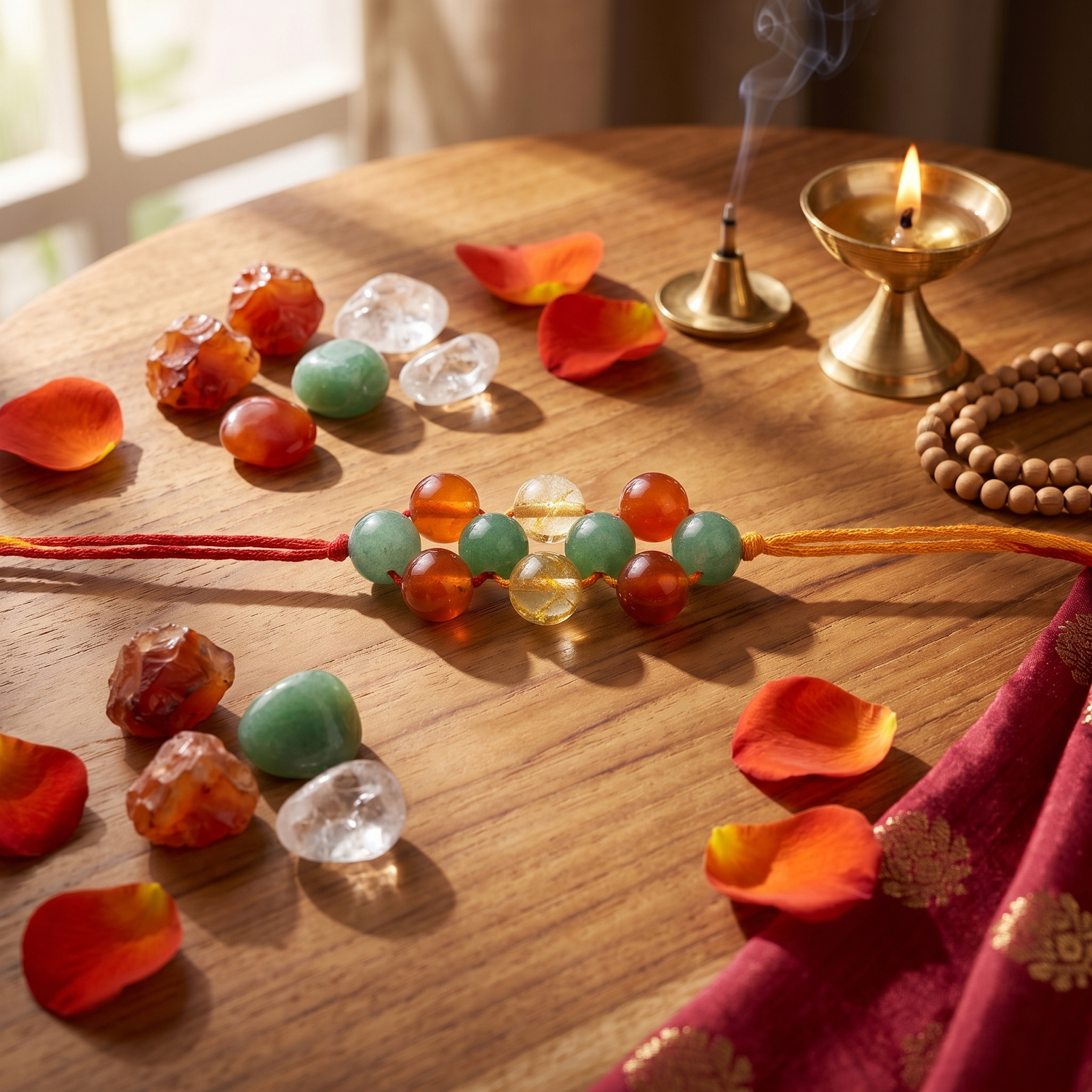 Citrine, Carnelian & Green Aventurine Crystal Rakhi – Prosperity, Success & Positive Energy