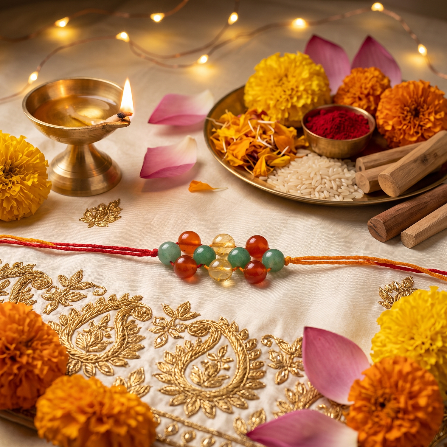 Citrine, Carnelian & Green Aventurine Crystal Rakhi – Prosperity, Success & Positive Energy