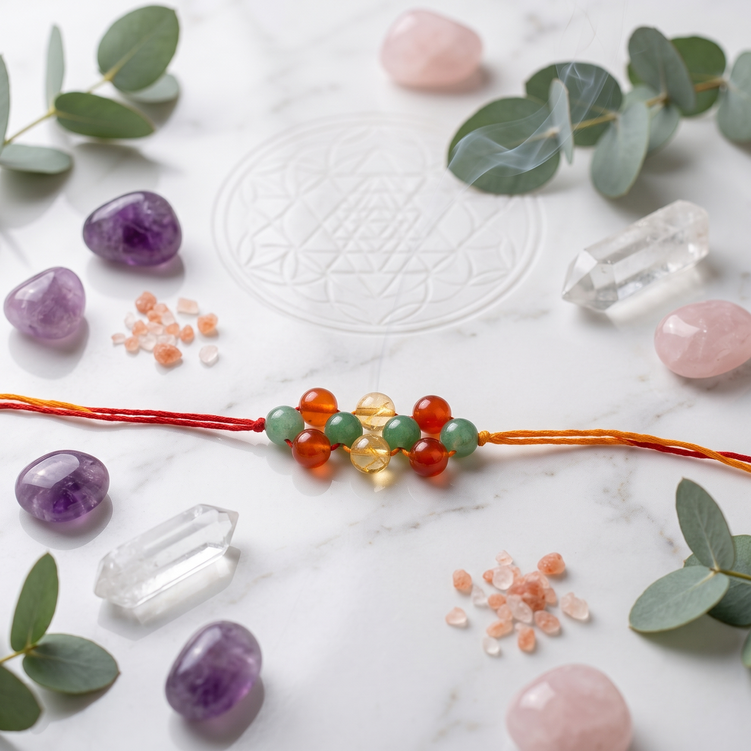 Citrine, Carnelian & Green Aventurine Crystal Rakhi – Prosperity, Success & Positive Energy