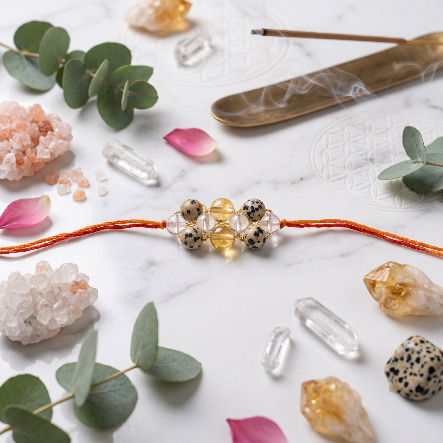 Citrine, Clear Quartz & Dalmatian Jasper Crystal Rakhi – Protection, Joy & Positive Energy