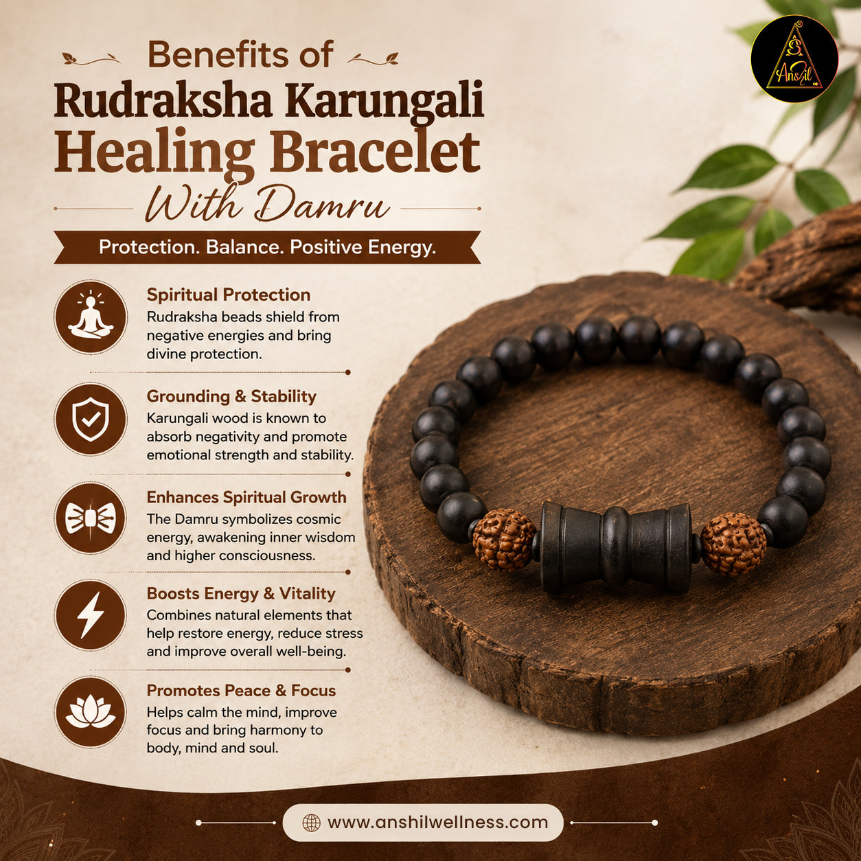 Rudraksha Karungali Healing Bracelet With Damru