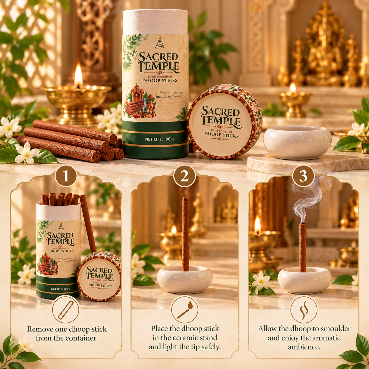 SACRED TEMPLE Reiki Energised Dhoop Sticks – 100 g