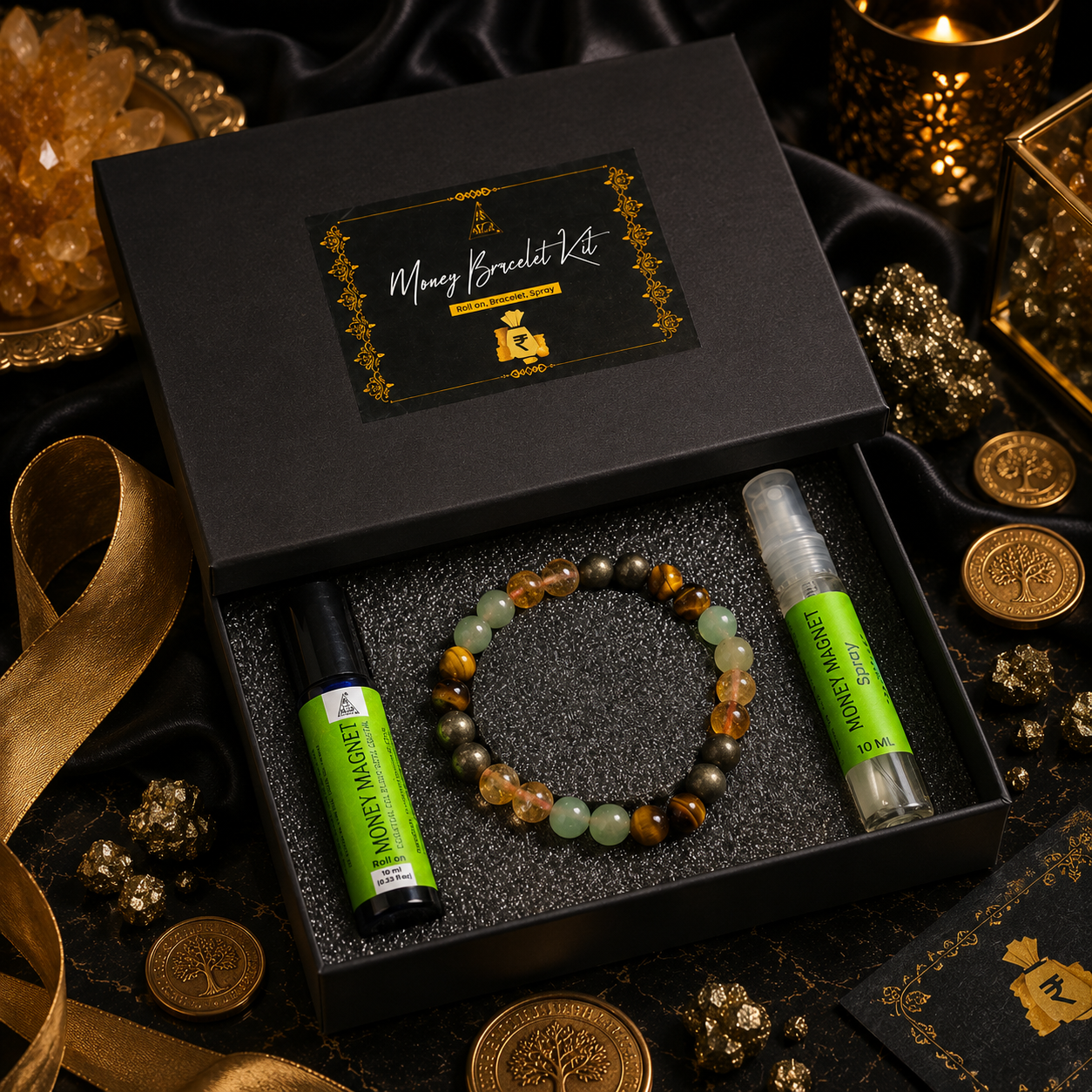 Money magnet Kit | Bracelet, Essential Oil (Roll On) and Spray