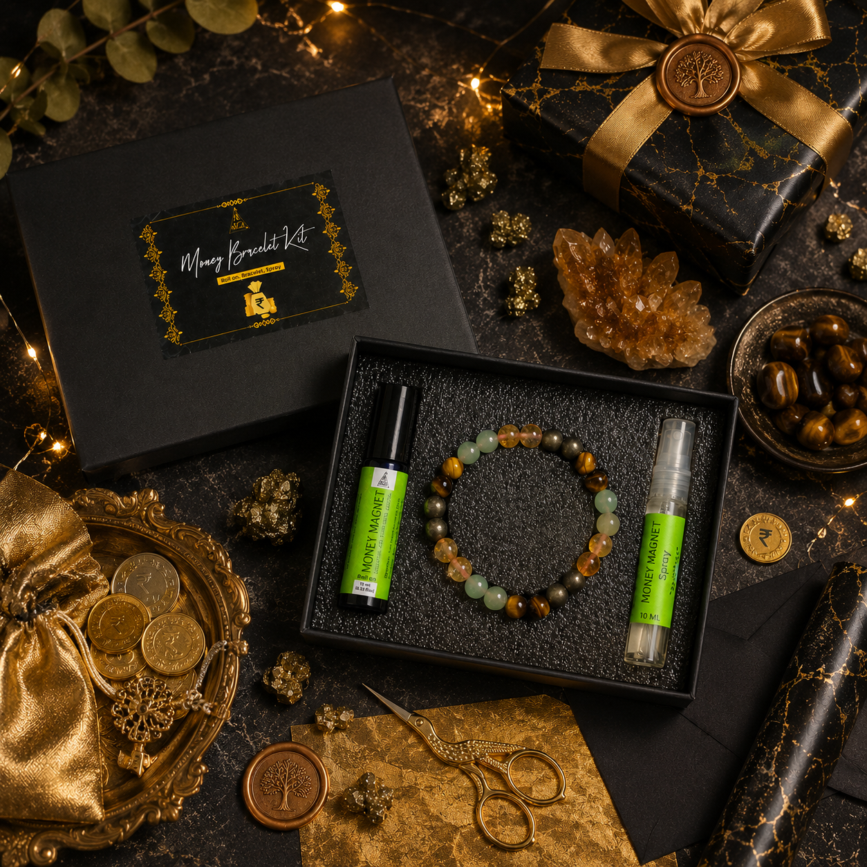 Money magnet Kit | Bracelet, Essential Oil (Roll On) and Spray