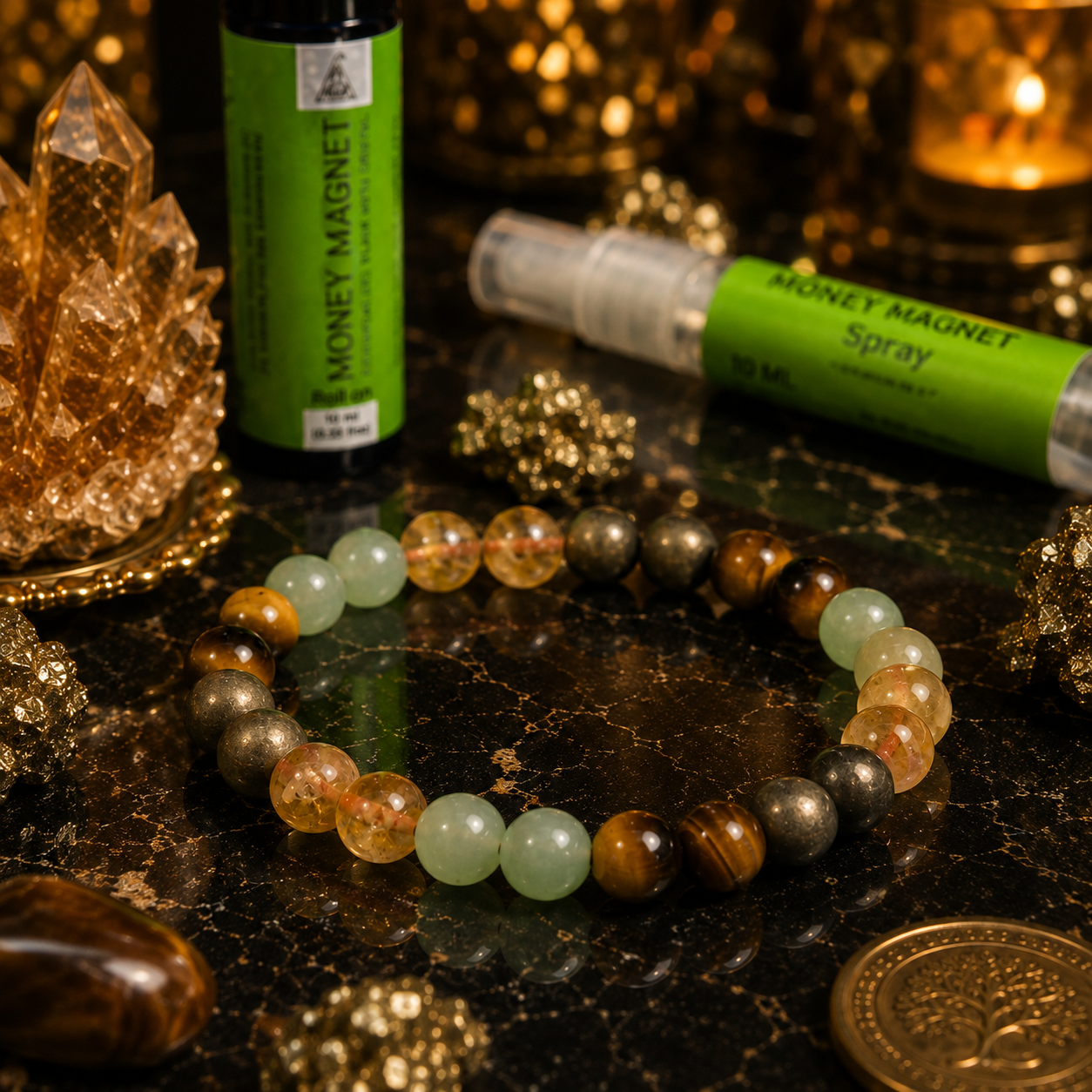 Money magnet Kit | Bracelet, Essential Oil (Roll On) and Spray
