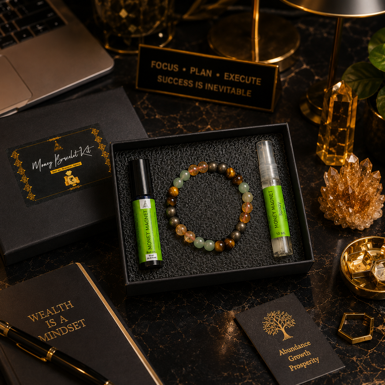 Money magnet Kit | Bracelet, Essential Oil (Roll On) and Spray