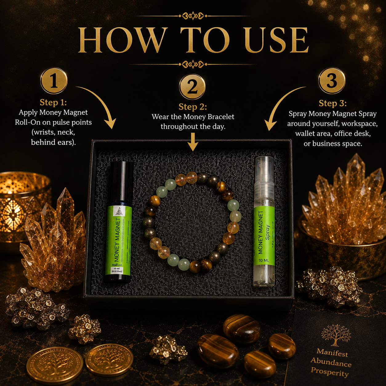Money magnet Kit | Bracelet, Essential Oil (Roll On) and Spray