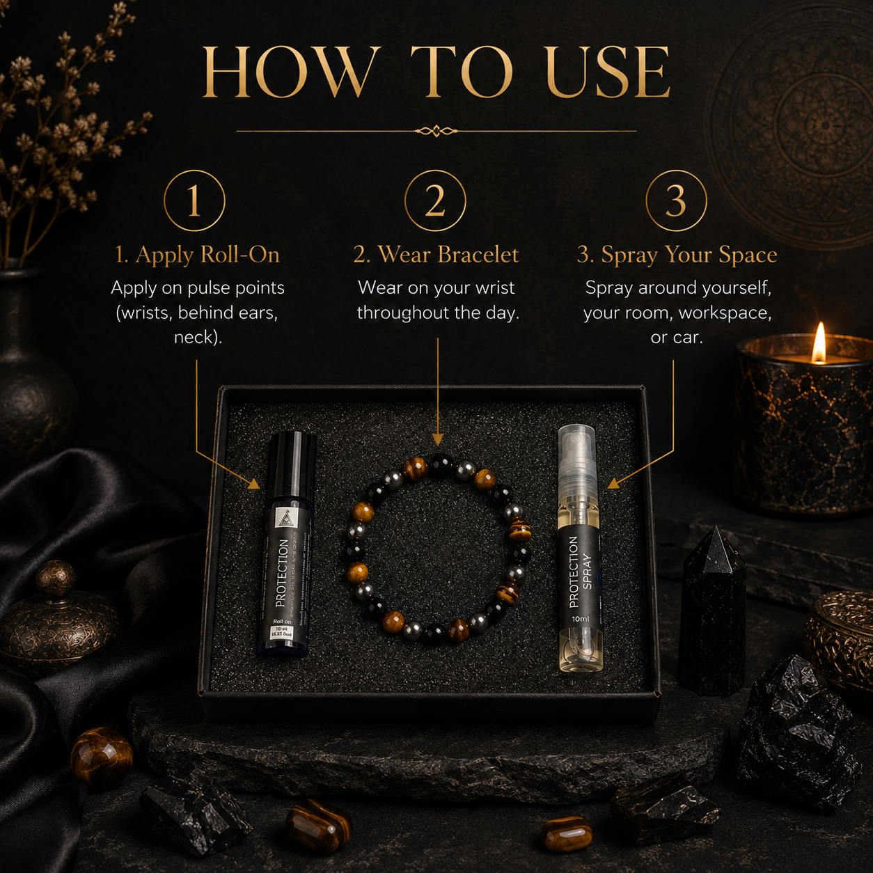 Protection Kit | Bracelet, Essential Oil (Roll On) and Spray